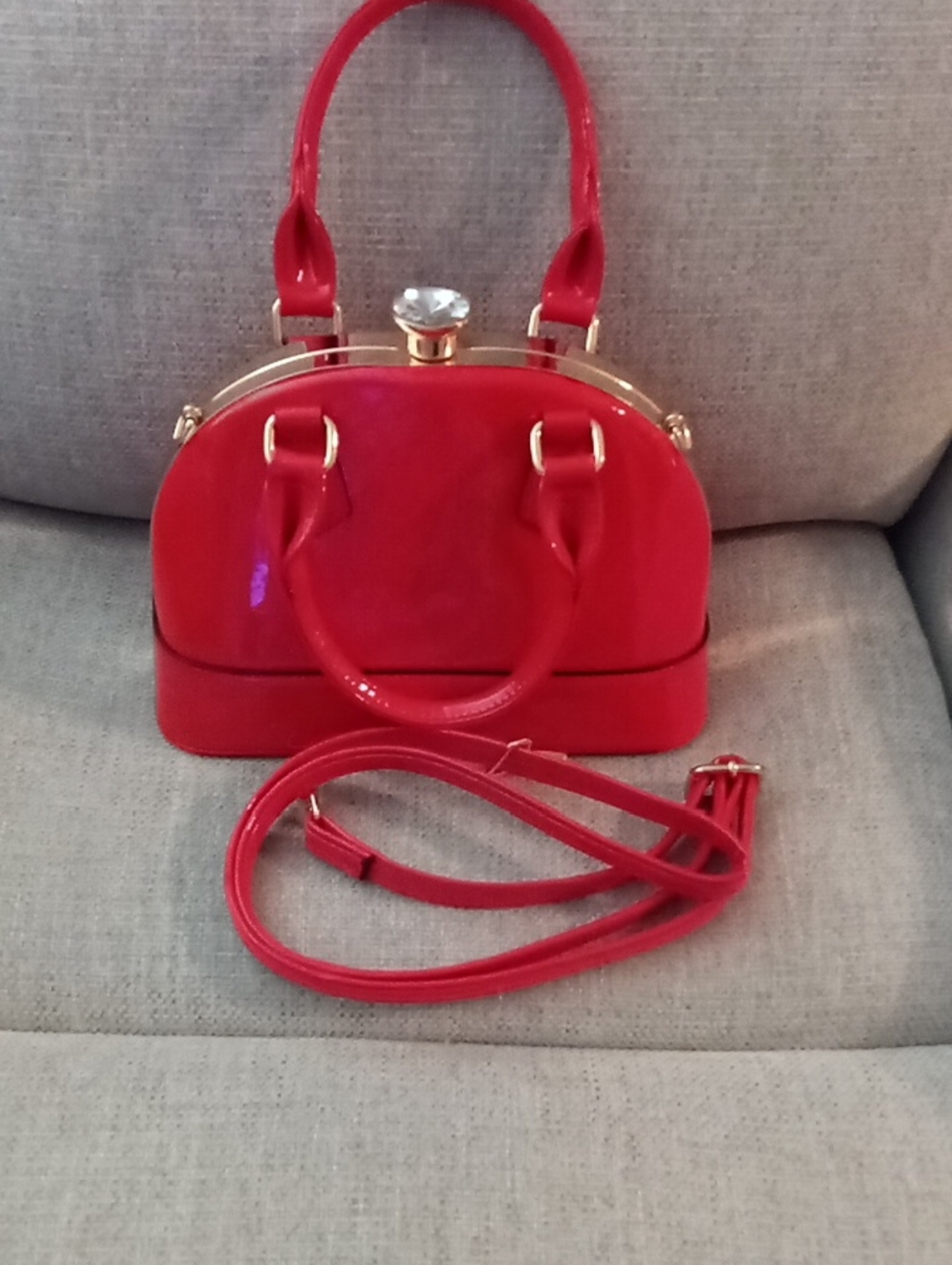 Red Patent Dome Satchel Handbag with Detachable Strap